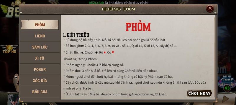 Luật lệ của trò chơi bài tại B52